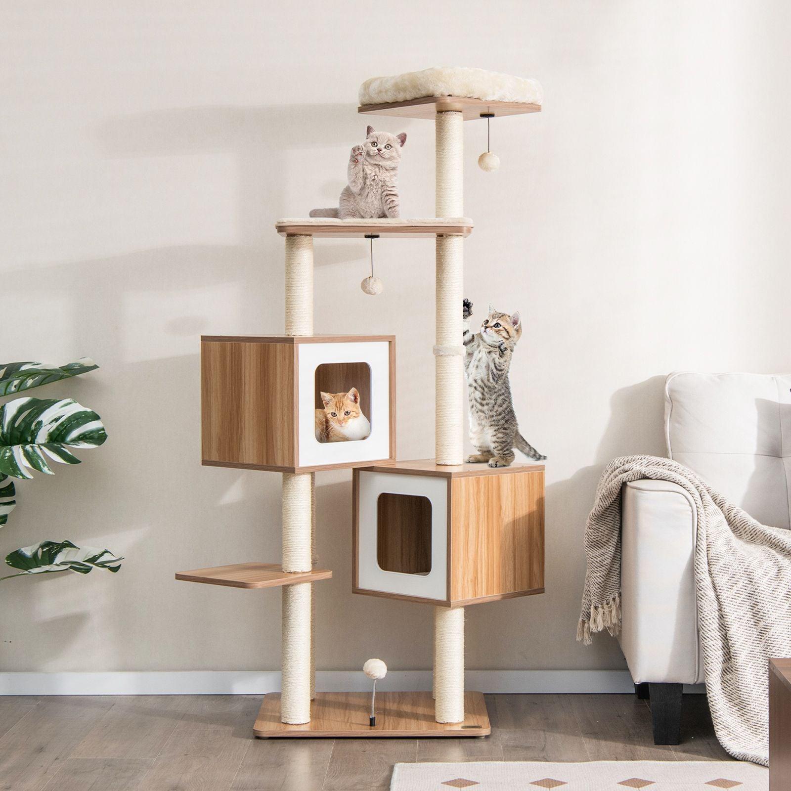 Modern Wooden Cat Tree: Sisal Scratching, Washable Cushions - Click